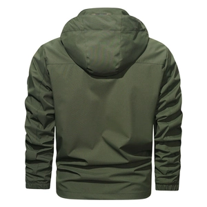Back view of army green outdoor hooded jacket featuring windproof fabric and ribbed cuffs