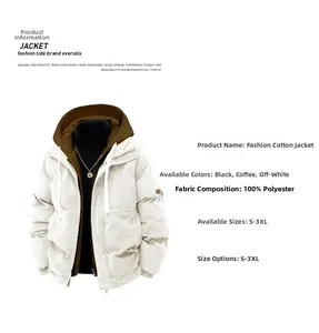 Detail of corduroy hooded jacket in beige with size chart and fabric specifications