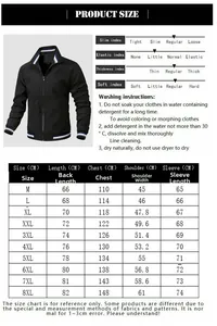 Detailed size chart for men's casual jacket with measurements from size M to 8XL