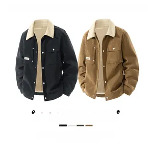 Detail of premium corduroy jacket fabric texture with soft wool collar and chest pocket