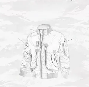 Technical sketch of MA-1 bomber jacket showing windproof collar and arm pocket features