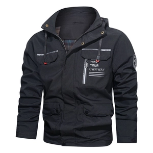 Men's black hooded outdoor functional jacket with multiple pockets and white chest print