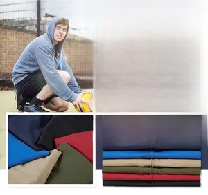 Detail view of water-resistant outdoor hooded jackets in six various colors