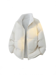 White unisex stand collar puffer jacket with lamb wool lining and zipper closure