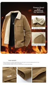 Close-up of retro khaki corduroy jacket with thick lamb wool lining and metal buttons