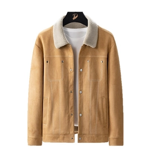 Men's brown fleece-lined sherpa jacket with suede finish and warm lapel collar