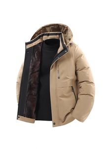 Men's khaki hooded cotton jacket with warm faux fur lining and windproof fabric design