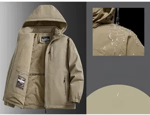 Close-up of waterproof fabric and high-density fleece lining on men's outdoor jacket