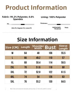 Size chart for American workwear jacket with polyester blend fabric and measurements M-5XL