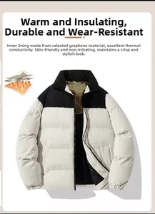 Detail view of graphene lining for heat retention in color-block winter puffer jacket
