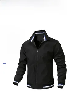 Detail of black men's casual jacket featuring blue and white striped ribbed cuffs and collar