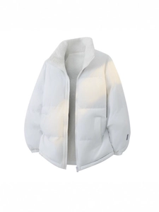 White puffer jacket with high stand collar and fleece lining for winter warmth