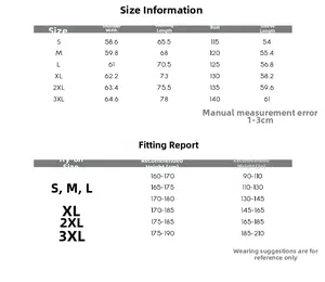 Detailed size chart and fitting report for corduroy cotton jacket from S to 3XL
