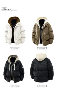 Detail view of corduroy padded jacket featuring contrast hood and sleeve badge details