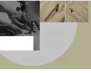 Detail of khaki jacket showing zip pocket with SPORT tag and durable double stitching