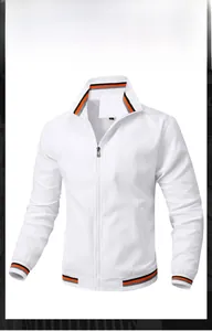 Detail of white stand collar jacket featuring striped cuffs and high-quality zipper