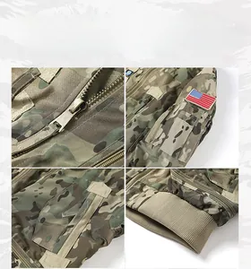 Detailed view of camo flight jacket with metal zipper, tactical pockets and ribbed cuffs