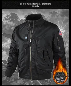 Detail of black tactical bomber jacket with quilted thermal lining and flag patch