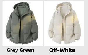 Détail de la doudoune d'hiver à capuche montrant les coloris vert-gris et blanc cassé