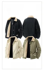 Close-up of winter corduroy jacket with thick faux shearling lining and ribbed cuffs