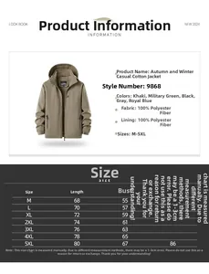 Size chart for men's hooded jacket detailing length, chest, and sleeve measurements