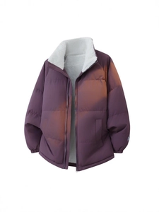 Padded purple puffer jacket with stand collar and white fleece lining for winter warmth