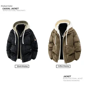 Detailed comparison of black and coffee corduroy hooded jackets with arm logo and drawstrings