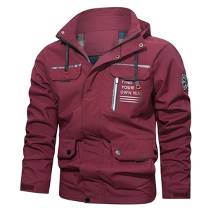 Burgundy men's hooded outdoor jacket with multiple pockets and functional windproof fabric