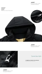 Detail showing the detachable hood and golden honeycomb lining of the black winter jacket