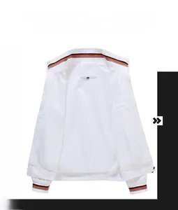 Detail of white men's jacket featuring colorful striped ribbed collar and smooth lining
