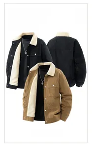 Detail of corduroy jacket showing thick plush lining and snap button pocket texture
