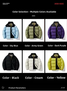 Detail view of winter puffer jackets in six colors with high stand collar and contrast panels