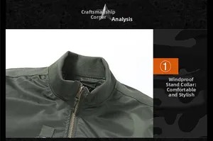 Detail of windproof stand-up collar and bronze metal zipper on green flight jacket
