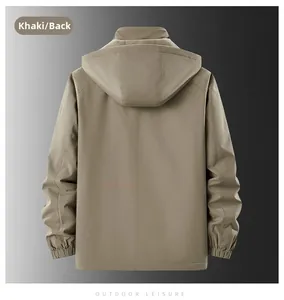 Back view of khaki fleece-lined jacket with hooded design and windproof material