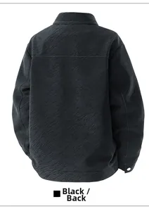Detail view of black workwear jacket featuring embossed tiger texture and silver buttons
