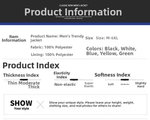 Detailed size chart for men's jacket in polyester showing sizes M-6XL and 5 colors