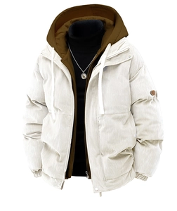 Detail of white corduroy winter jacket with brown contrast hood lining and arm badge