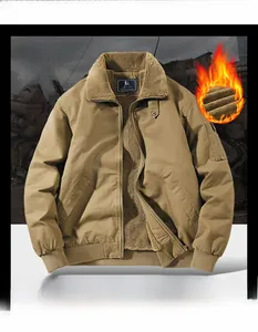 Detail of khaki men jacket with thick faux shearling lining and sleeve zipper pocket