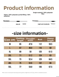 Detailed size chart for men's corduroy jacket showing length, shoulder, bust, and sleeve info