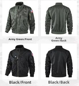 Detail view of military green and black bomber jackets with American flag patches and pockets