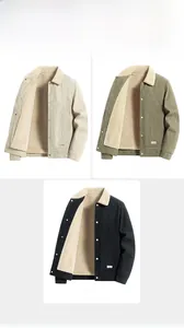 Detail view of corduroy jacket with thick sherpa lining in off-white, green, and black