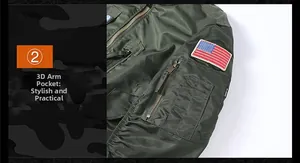 Detail of army green flight jacket sleeve with utility pocket and flag patch