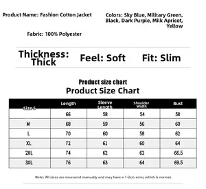 Detailed size chart for winter padded jacket including length, chest, and sleeve data