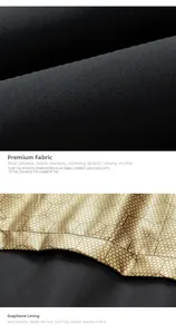 Detail view of high-density black shell fabric and golden graphene honeycomb lining