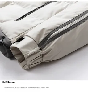 Detailed view of elastic cuffs with gray stripes on men's winter hooded puffer jacket