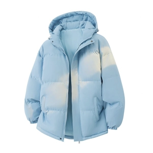 Détail de doudoune légère à capuche bleue avec un design dégradé et des cordons