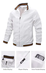 Macro view of white bomber jacket featuring striped ribbed cuffs and inner pocket detail