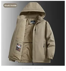 Detail view of khaki hooded jacket showing thermal fleece lining and interior pockets