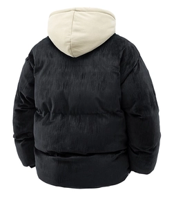 Back view of black corduroy puffer jacket with contrast cream hood and quilted design