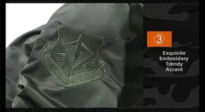 Detailed view of military-style aircraft embroidery on army green flight jacket sleeve